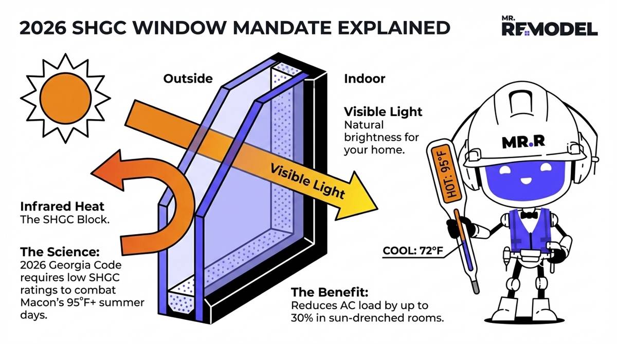 A technical window performance infographic for Macon, GA homeowners, illustrating how 2026 Georgia energy codes use low Solar Heat Gain Coefficient (SHGC) glass to block summer heat while allowing natural light.